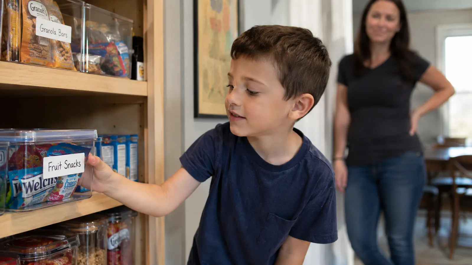 Young child reaching independently into a low pantry shelf to grab a clearly labeled snack container