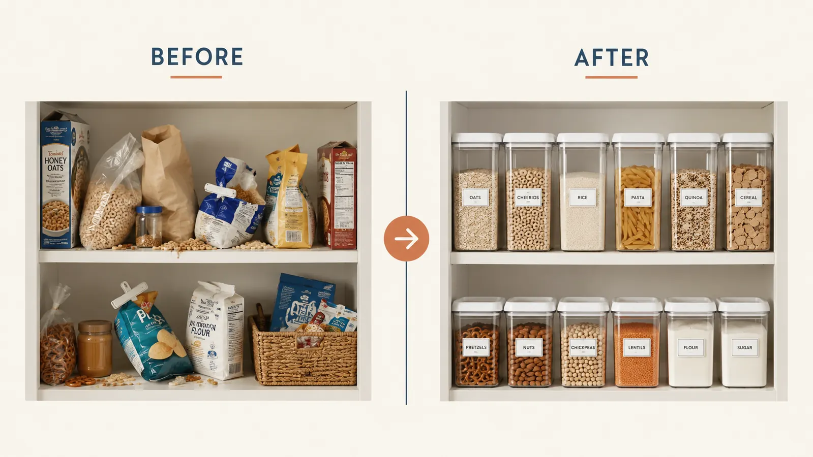 Pantry shelf before and after comparison showing clutter replaced by uniform clear airtight containers