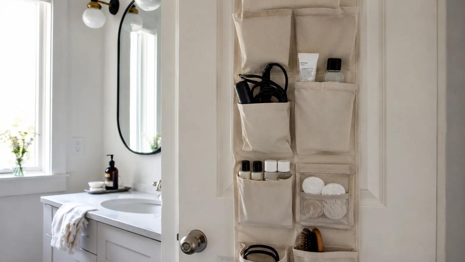 Bathroom door with over-door organizer holding hair tools, small bottles, and cotton rounds in organized pockets