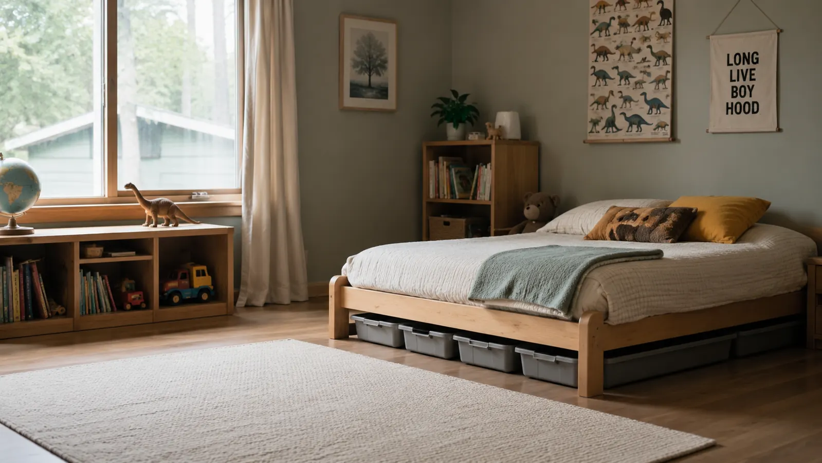 Organized bedroom floor with no clutter, under-bed storage trays partially visible, kids shoes and toys absent from view