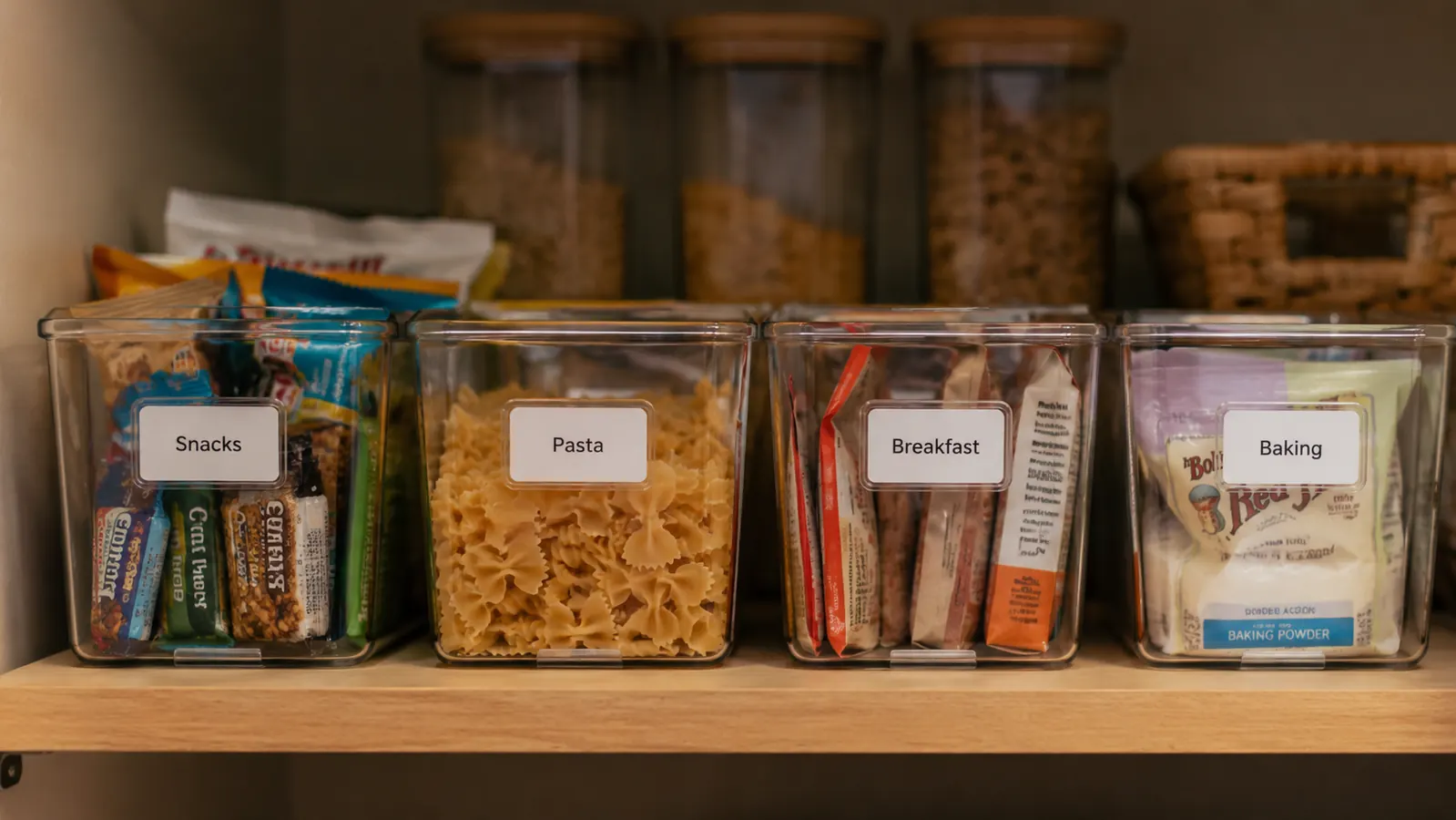 Pantry shelf organized with labeled clear bins for snacks, pasta, breakfast, and baking supplies