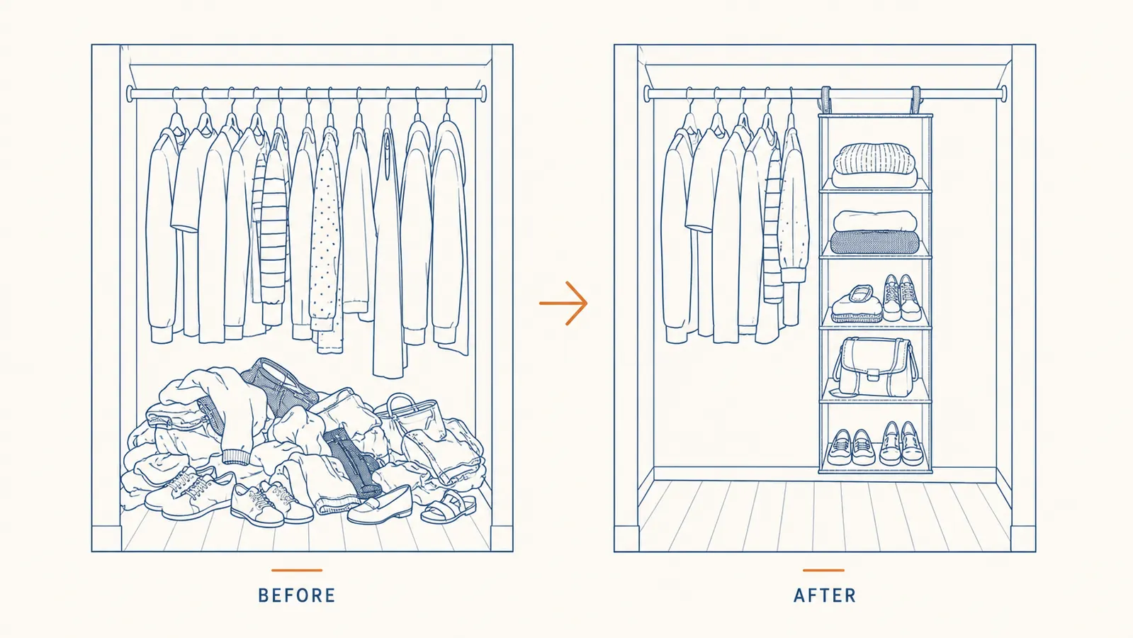 Before and after comparison of a messy closet floor versus a tidy closet with a hanging shelf holding folded items