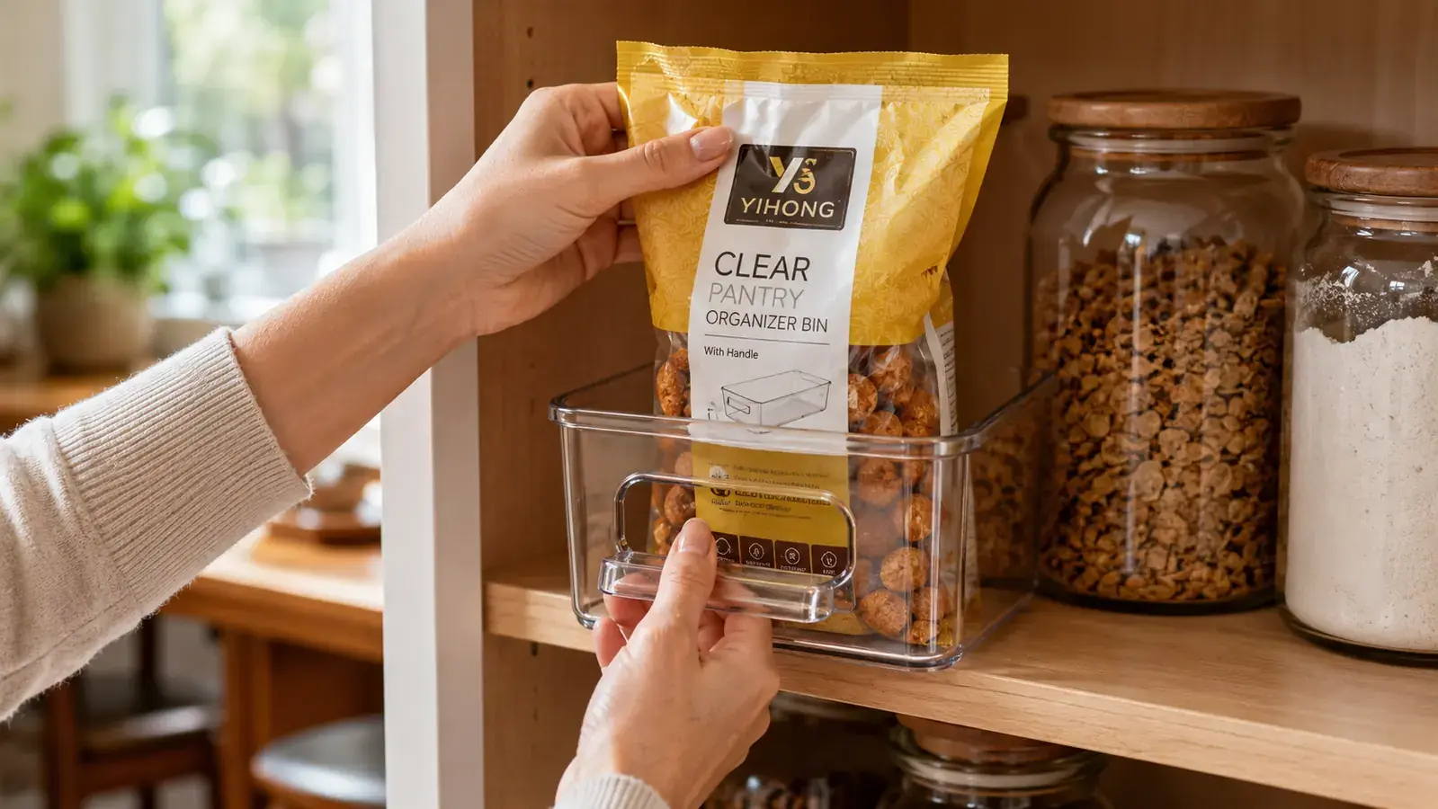 Hand placing a snack bag into a clear pantry bin on a wooden shelf