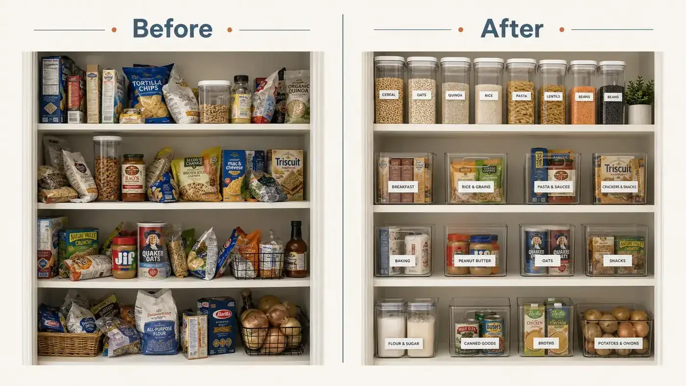 Before-and-after pantry shelf showing clutter on left and organized clear bins on right