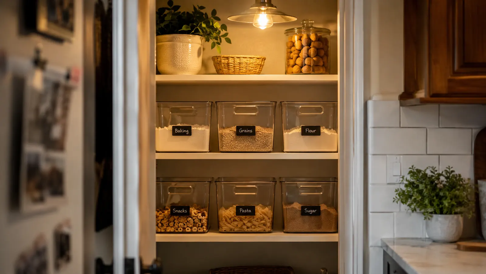 Family pantry corner with six clear bins arranged in two rows storing cereal, snacks, baking goods, and pasta