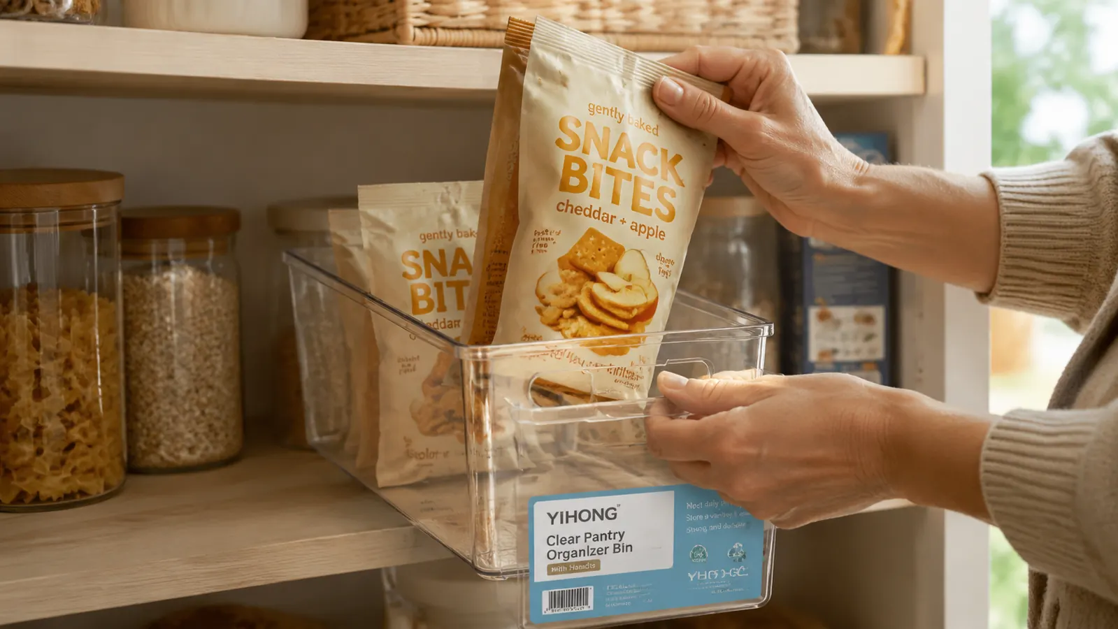 Close-up of a hand placing a bag of trail mix into a clear handled pantry bin on a wooden shelf