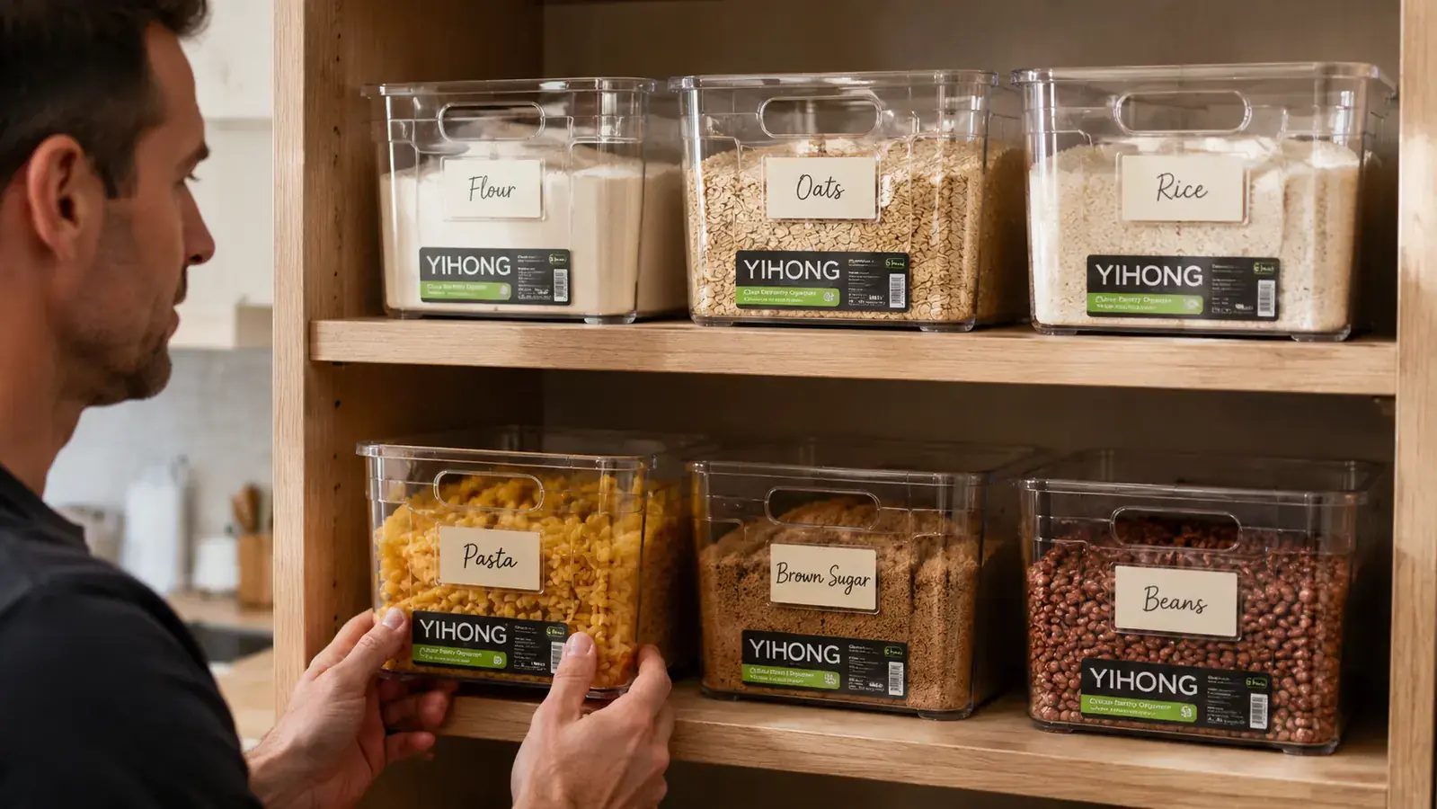Organized pantry shelf with six clear bins grouped by category: snacks, baking, pasta, canned goods