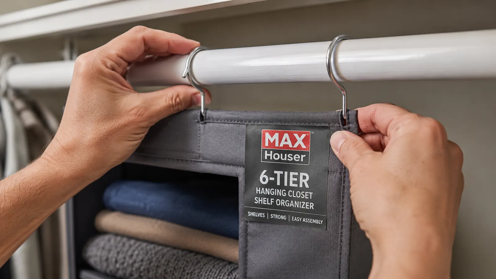 Hand lifting the metal hook of the MAX Houser hanging shelf over a standard closet rod to install it