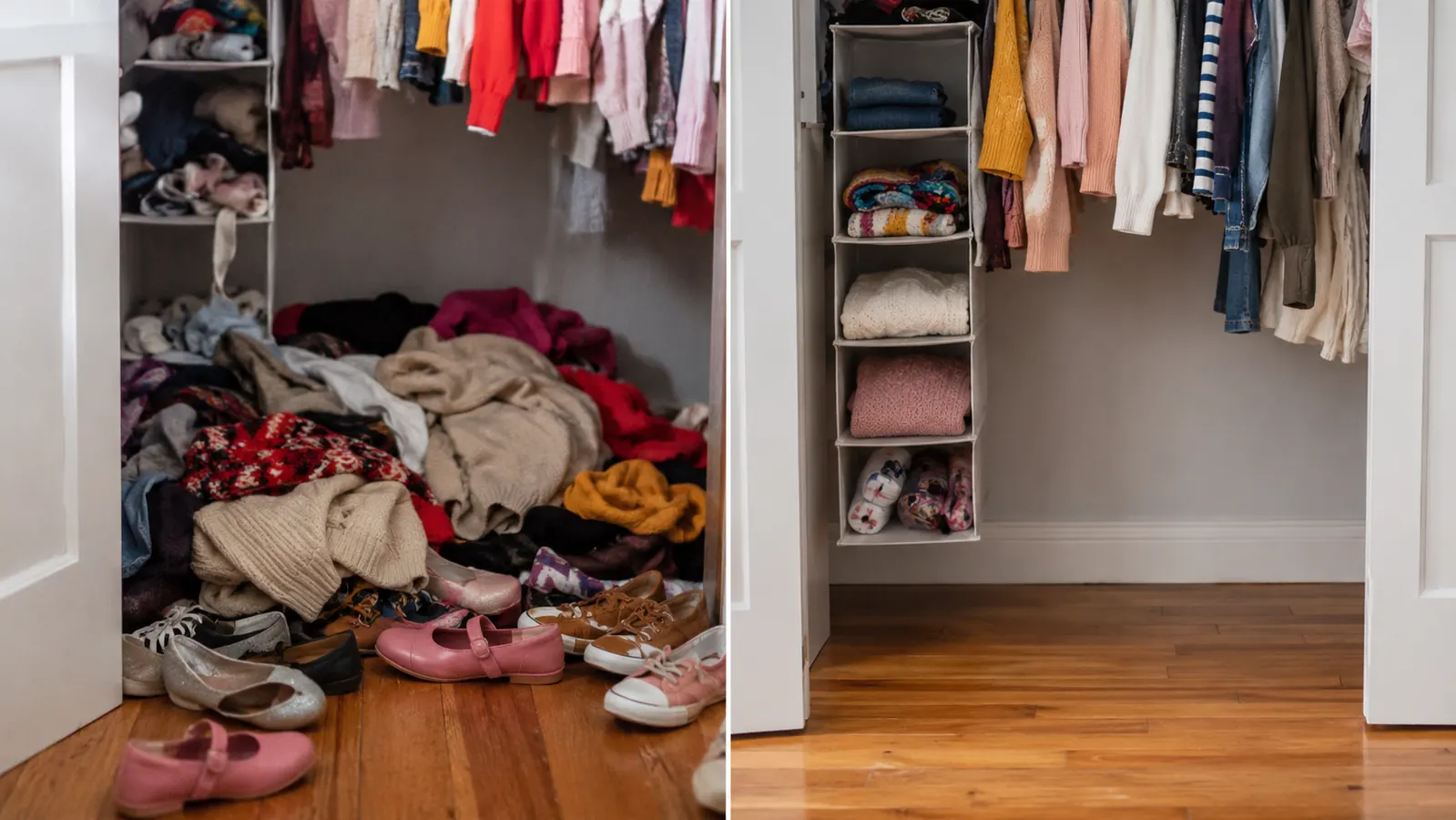 Child's closet before and after organization, with labeled folded clothes on a hanging shelf