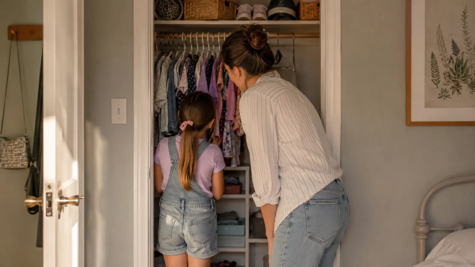 A mom and her daughter looking into a freshly organized closet together, smiling