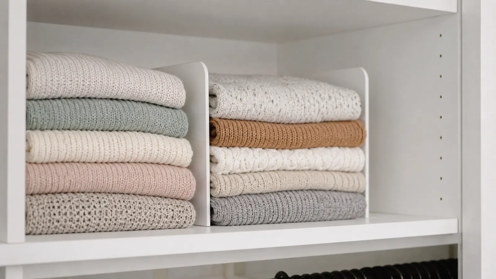 Closet shelf with white shelf dividers separating neat stacks of folded sweaters