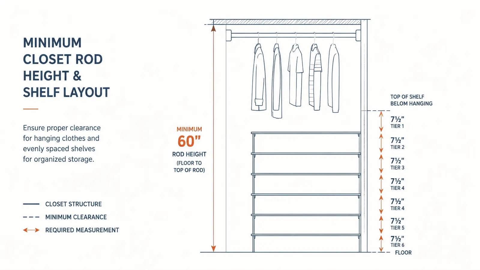 Diagram showing closet rod height measurements and shelf tier spacing