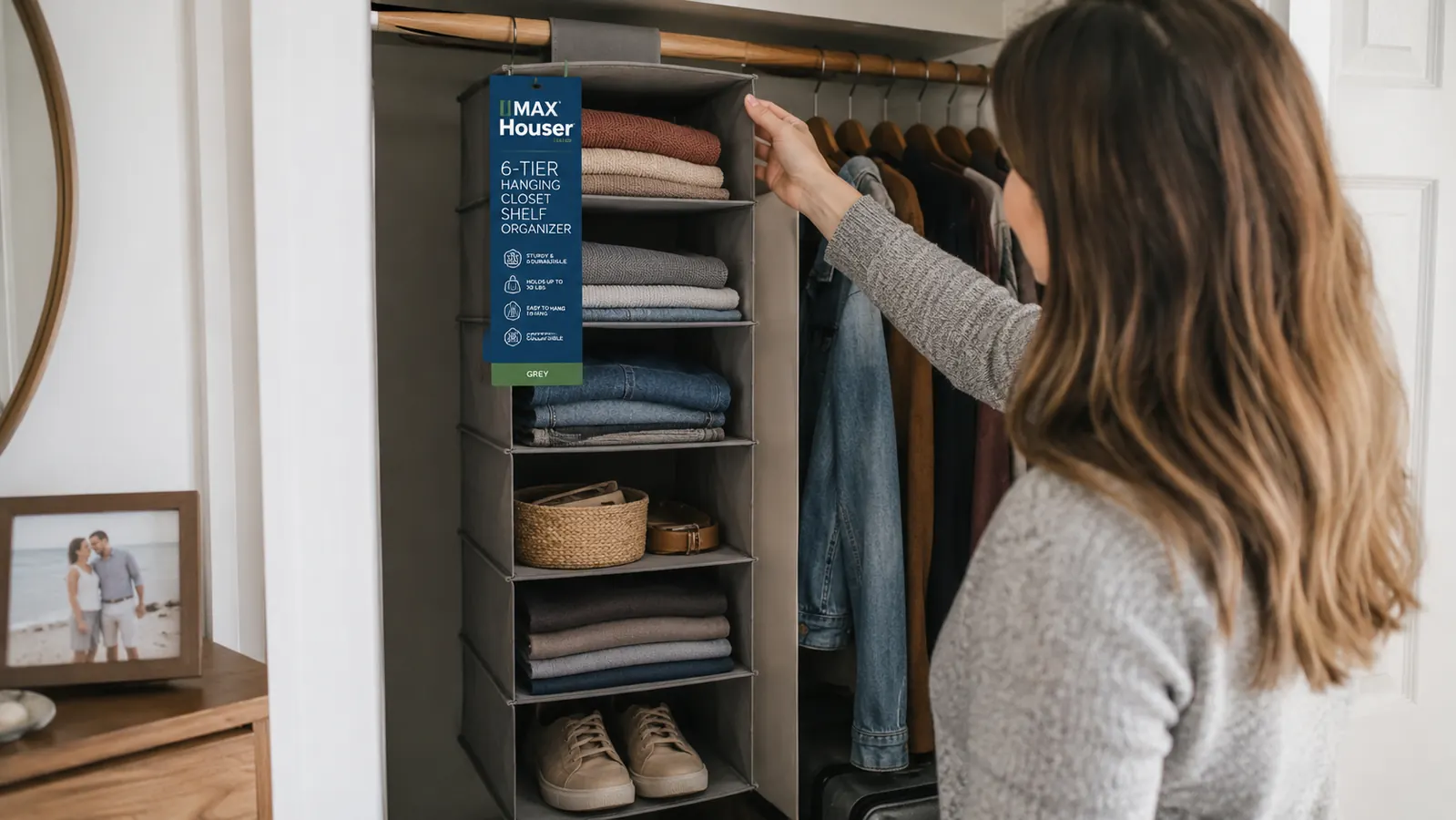 A fully loaded hanging closet shelf with folded jeans, small shoes, and a basket of accessories visible on separate tiers