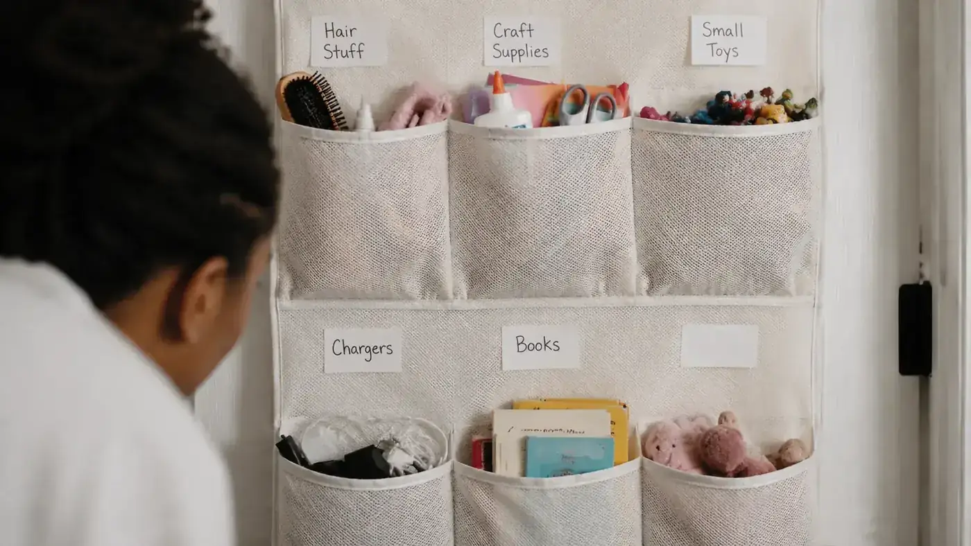 Labeled pocket organizer with handwritten sticky-note category labels on each row of pockets