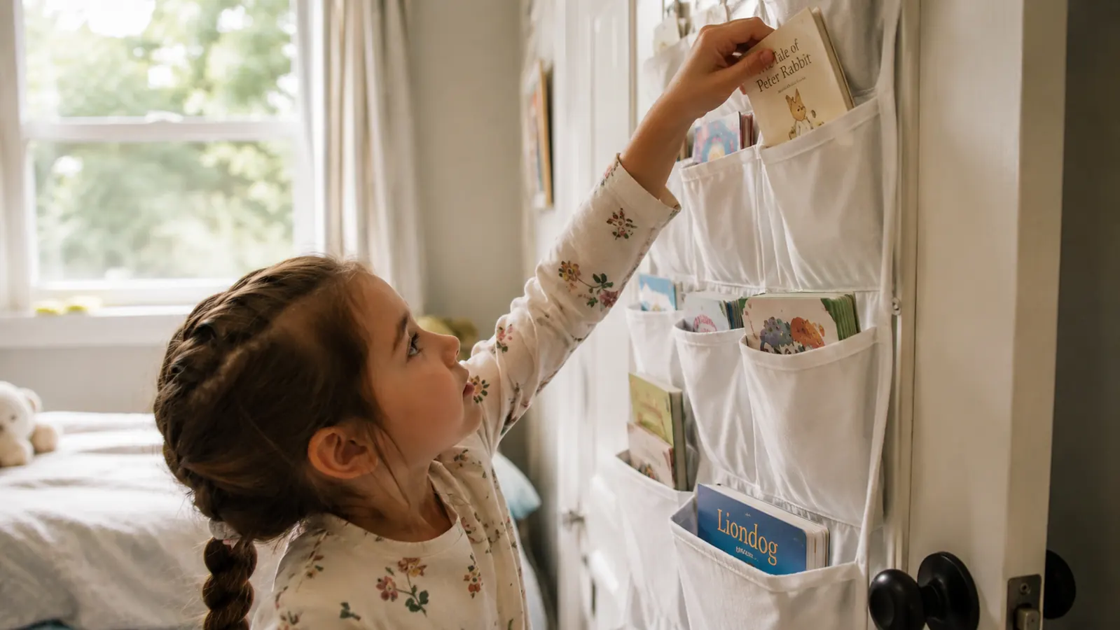 Child placing a book into a pocket on an over-door organizer mounted on a bedroom door
