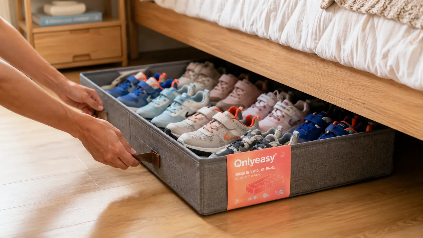 A hand sliding an Onlyeasy under-bed storage organizer out from beneath a bed, filled with neatly arranged kids shoes