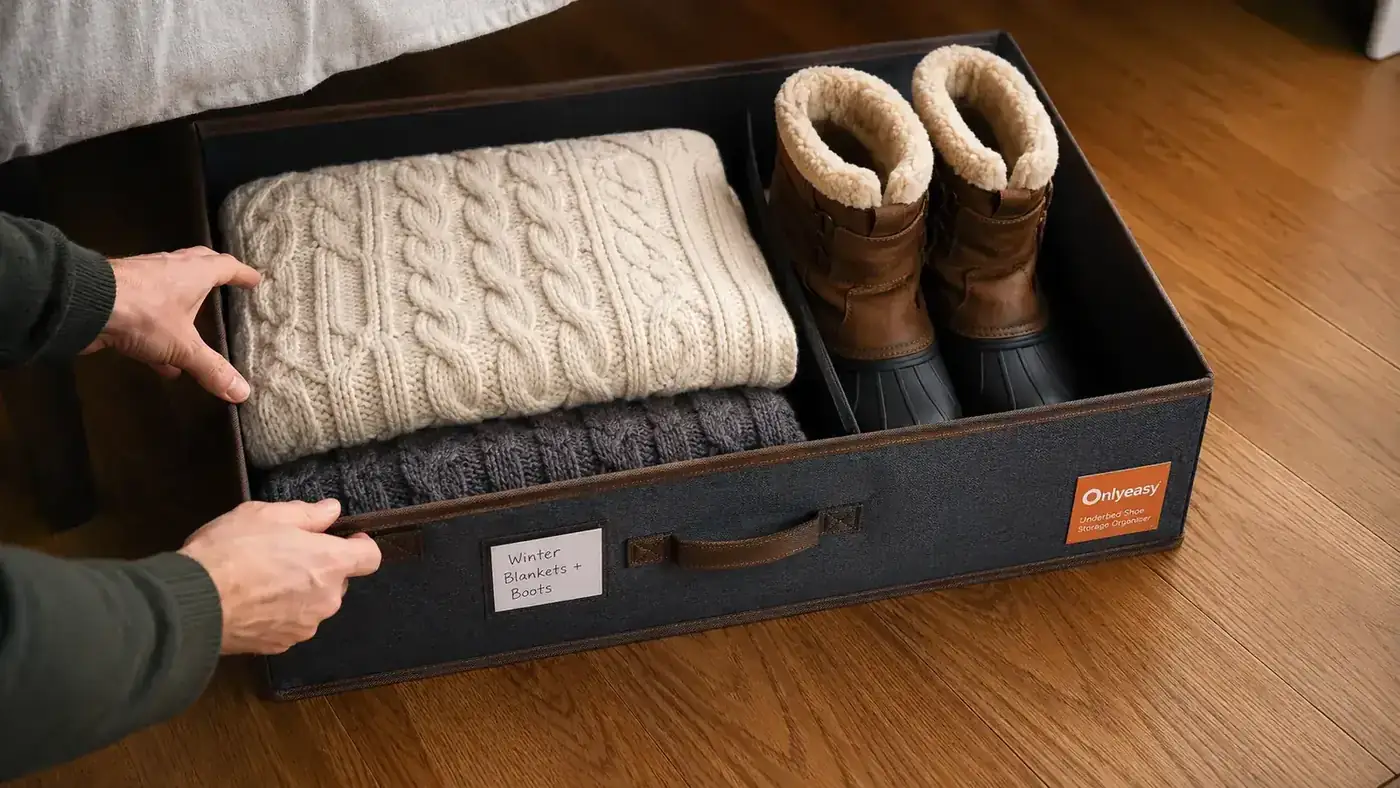 A labeled under-bed storage organizer containing seasonal items: folded extra blankets and a pair of winter boots, visible through the open top