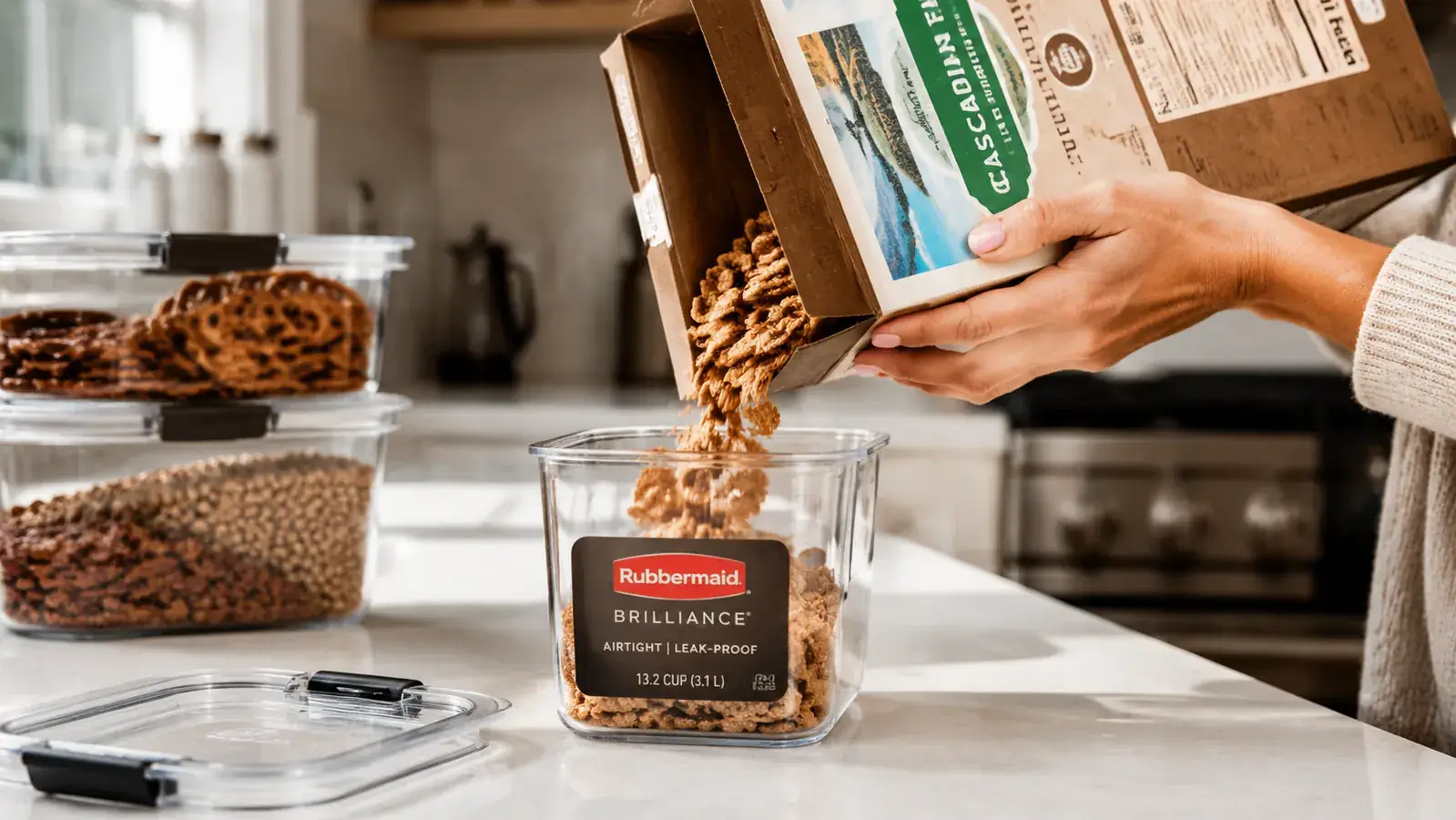 Rubbermaid Brilliance airtight containers being filled with cereal and snacks on a kitchen counter