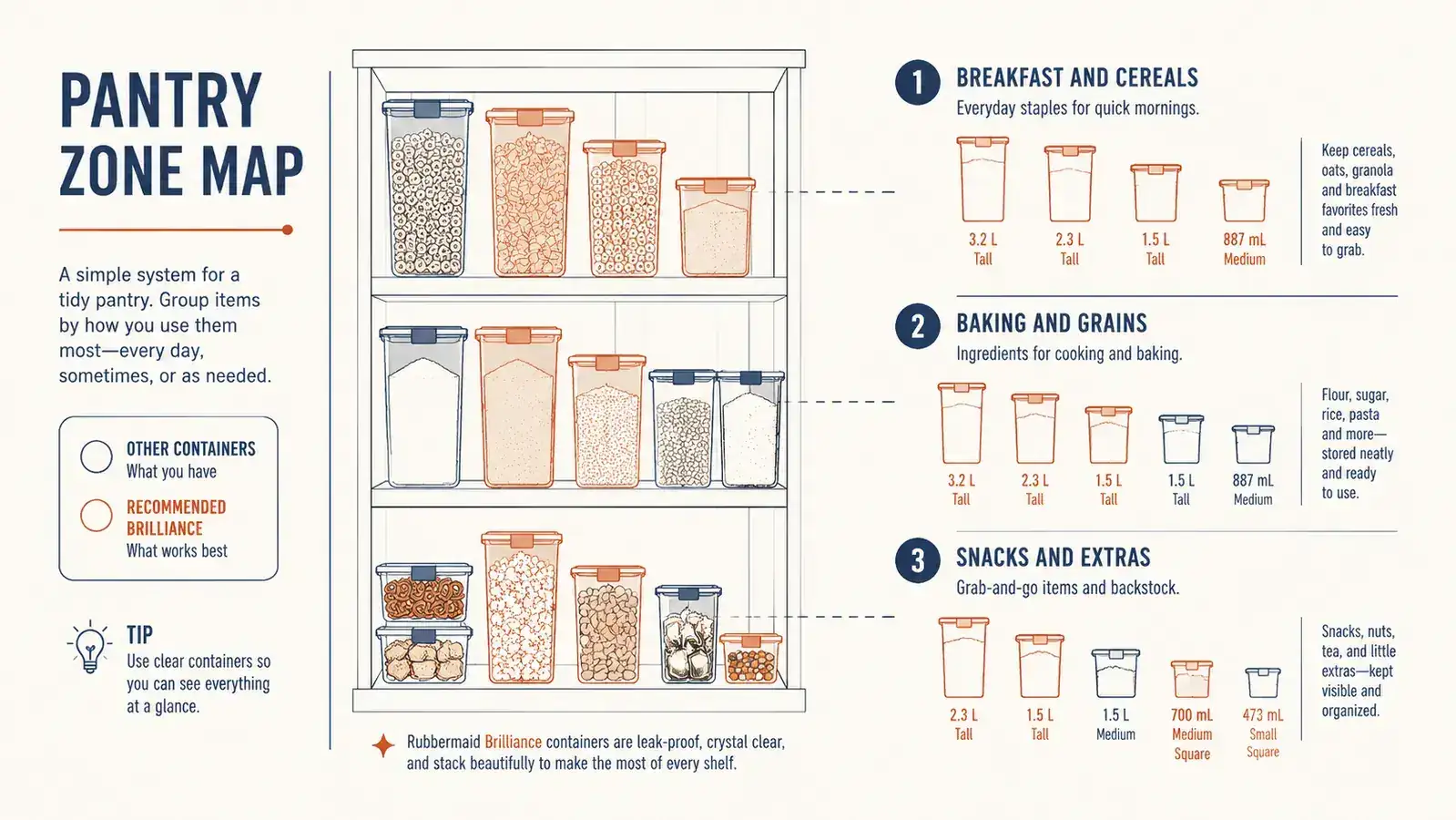 Chart showing pantry shelf zones labeled with categories like grains, snacks, baking, and breakfast