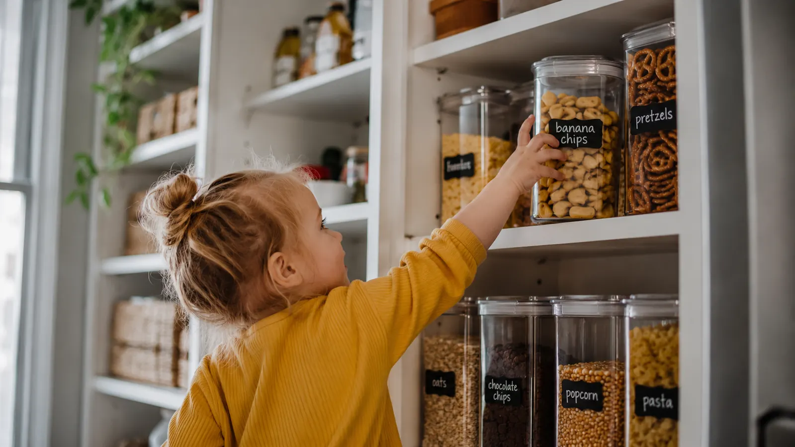 Family pantry after organization showing kids reaching for snacks in clearly labeled airtight containers