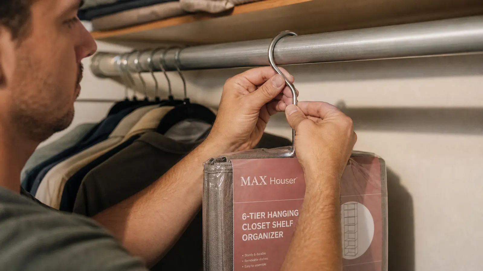 Close-up of the MAX Houser S-hook sitting at a slight angle on a thicker oval closet rod