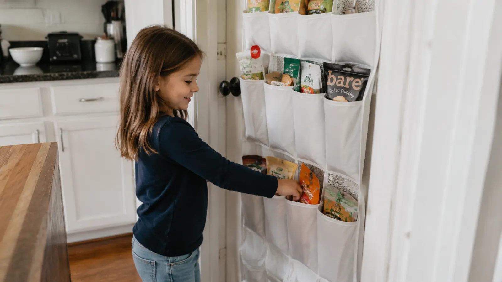 Young child reaching into a low pocket on a white over-door organizer to grab a snack independently