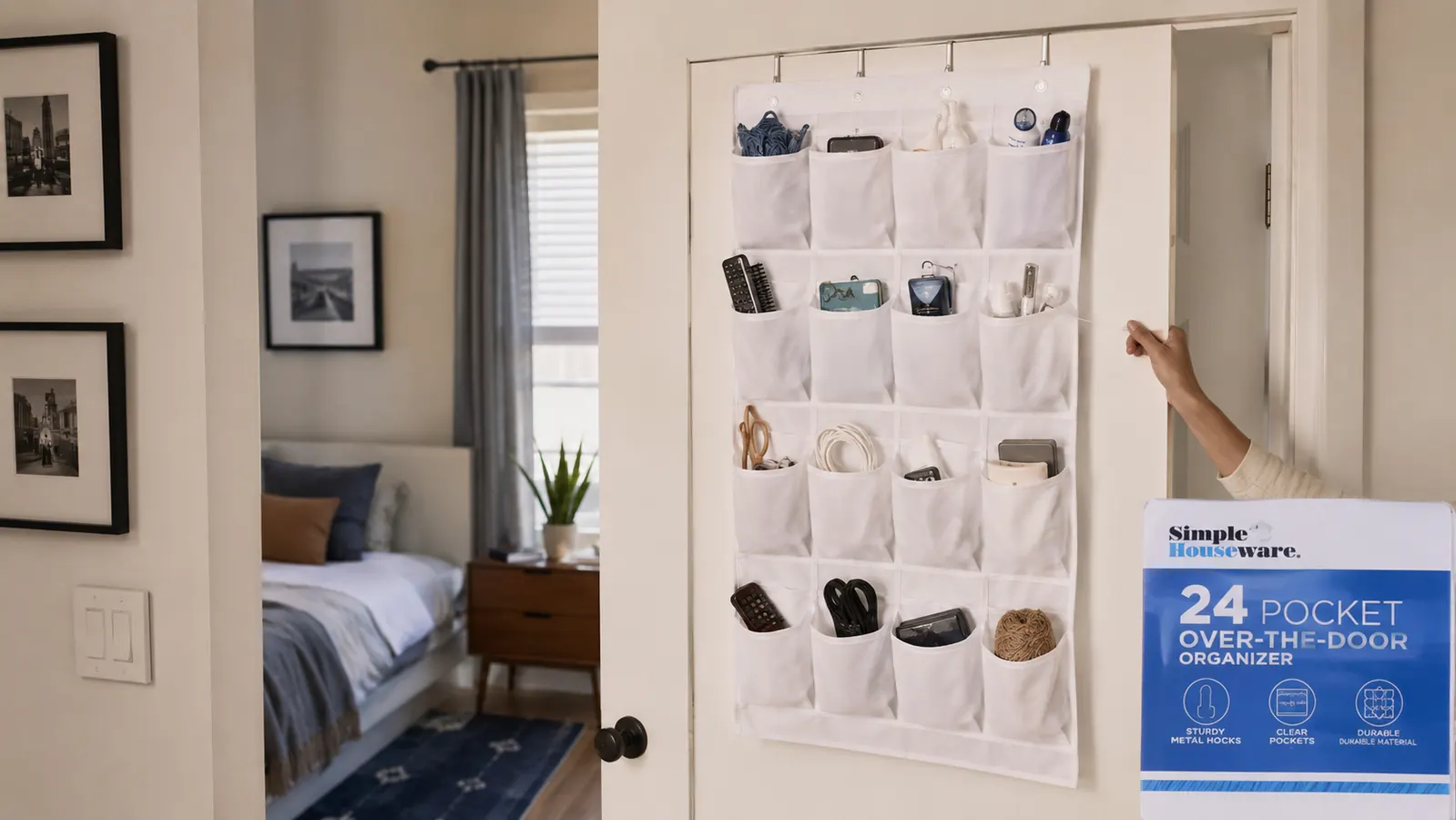 Close-up of a white over-door pocket organizer loaded with small household items including spray bottles, snacks, and folded cloths