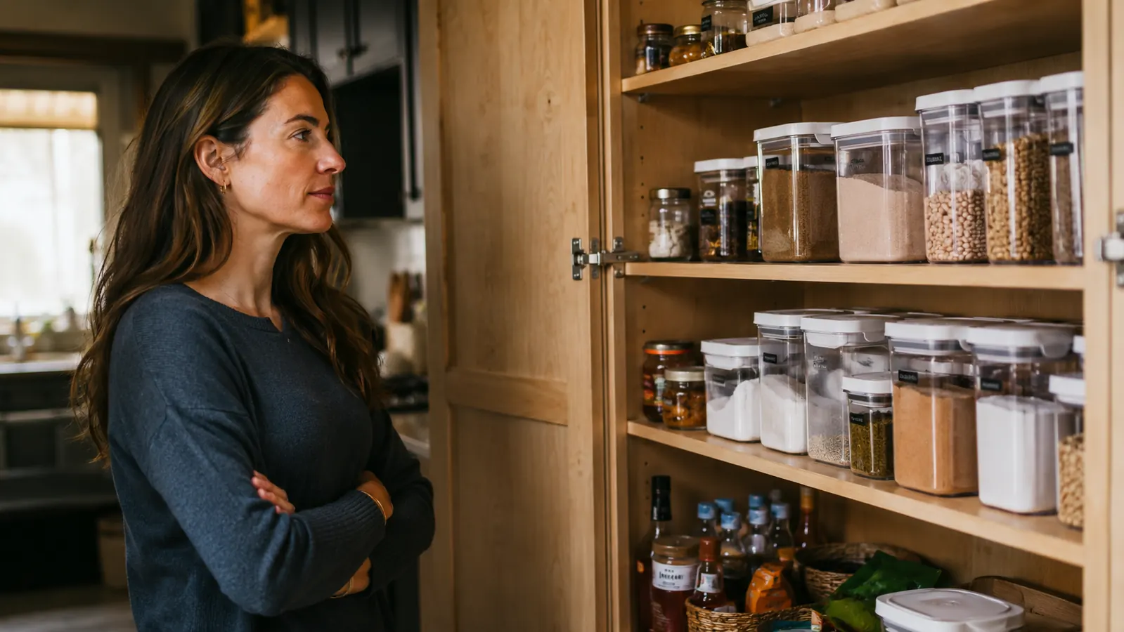 Woman standing in front of an open pantry, arms crossed, looking at a shelf of organized containers with a calm but thoughtful expression