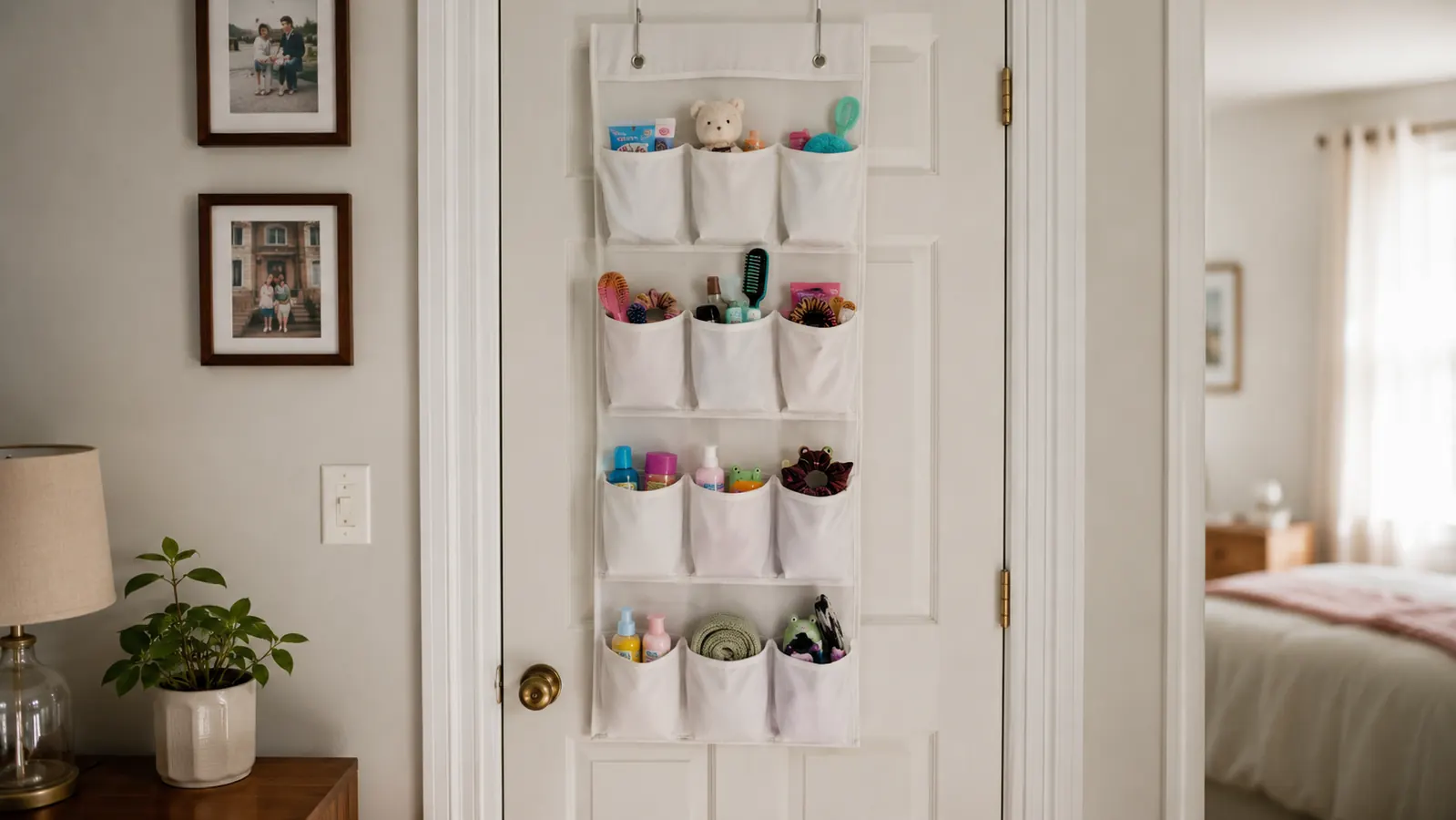 The over-door organizer loaded with a balanced distribution of items from top to bottom pockets, hanging flat against a white door