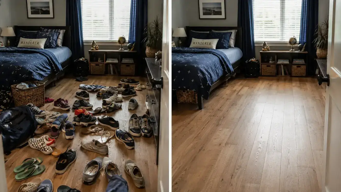 Before and after side-by-side: bedroom floor covered in scattered shoes versus the same floor completely clear