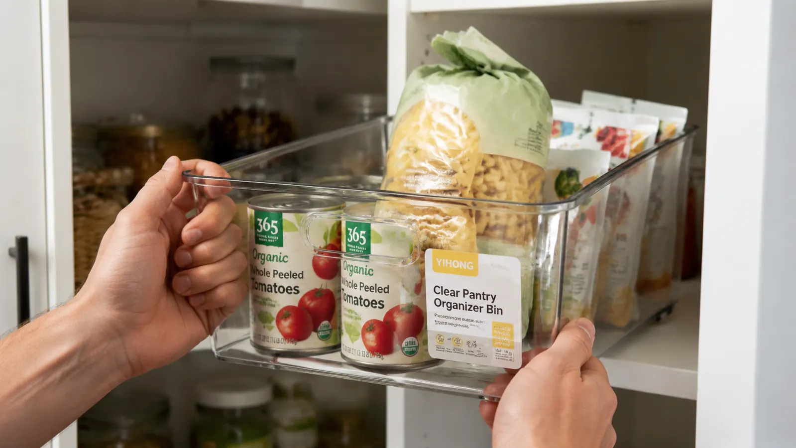Hand lifting a clear pantry bin by its handle while it holds several canned goods and a bag of pasta
