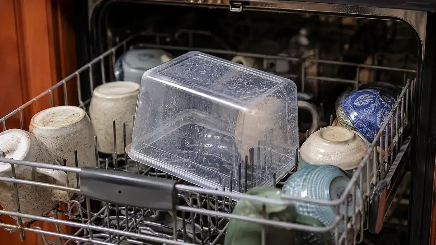 Clear pantry bin sitting on the top rack of a dishwasher alongside other kitchen items